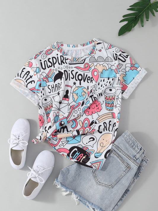 SHEIN Letter & Cartoon Graphic Ripped Mom Fit Jeans